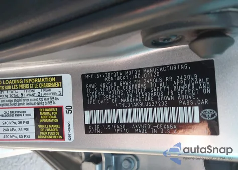 2020 Toyota Camry Le Hybrid z USA, uszkodzony, nr VIN 4T1L31AK9LU527232